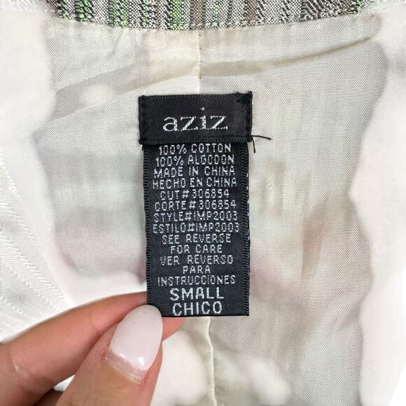 Aziz Green & Gray Stripe Distressed Edge Embroidered Flower Cotton Blazer Jacket - Picture 8 of 9